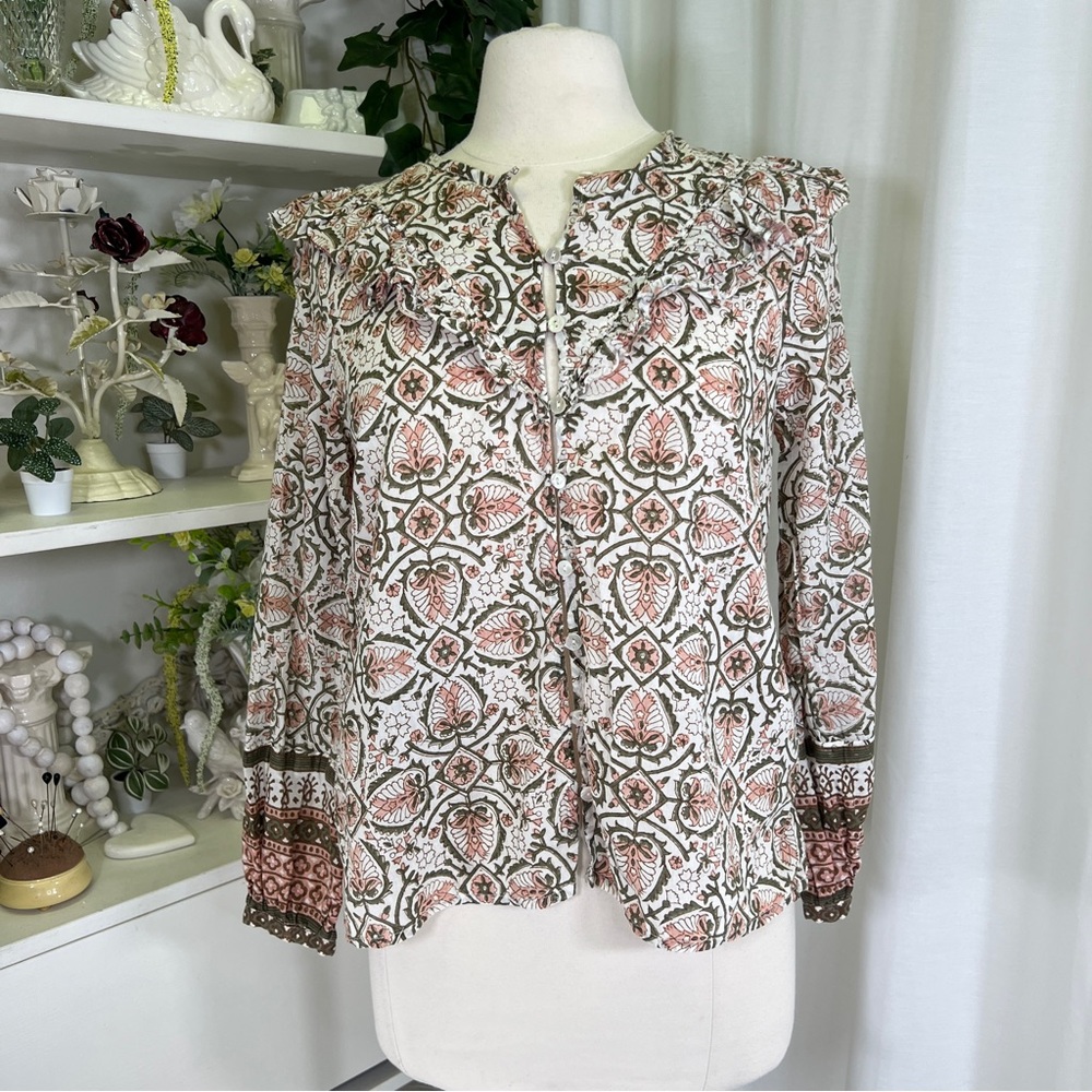 Cleobella Pink and Green Ella Blouse in Mosaic Block Print